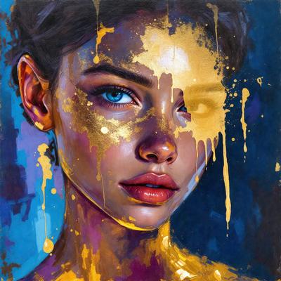 The primary subject of the image is a woman with a gold-painted face. She is the main focus of the image, and her face is the center of attention. The setting is a dark background, which contrasts with the woman's face and adds a dramatic effect to the image. The visual style is a painting, which gives the image a unique and artistic appearance. The colors in the painting are predominantly gold, which adds a warm and luxurious atmosphere to the image.